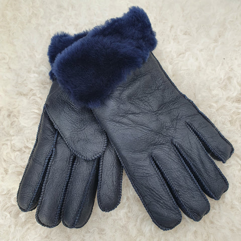 Ötujjas, nappásított, kézműves, sötétkék színű női irha kesztyű