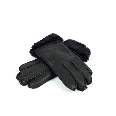 Ötujjas, nappásított, kézműves, fekete színű női irha kesztyű