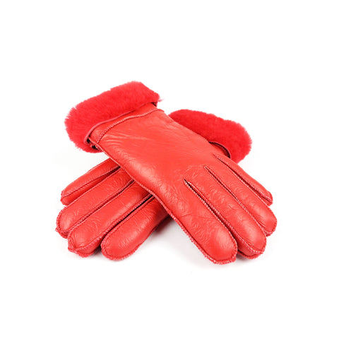 Ötujjas, nappásított, kézműves, piros színű női irha kesztyű