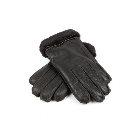 Ötujjas, nappásított, kézműves, sötétbarna színű női irha kesztyű