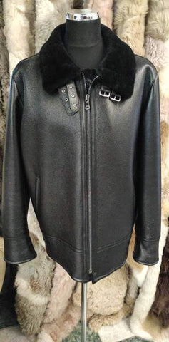 Fekete-fekete színű belső, nappásított, kézműves férfi irha pilóta dzseki /RENDELHETŐ minden méretben!/