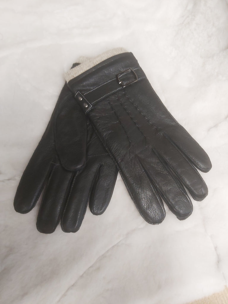 Ötujjas, szarvasbőrből készült vékony pamutbéléssel bélelt, kézműves fekete férfi bőrkesztyű