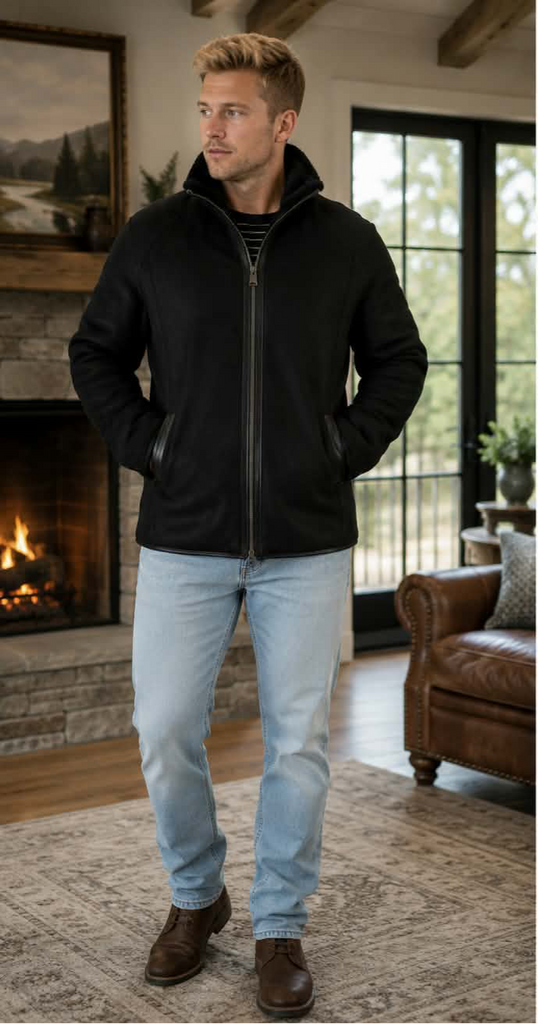 Fekete színű, antikolt hatású nappásított kézműves férfi irha kabát
