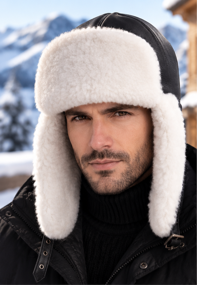 Fekete-fehér színű, kézműves uniszex báránybőr usánka.