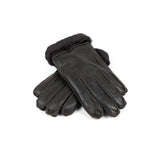 Ötujjas, nappásított, kézműves, sötétbarna színű női irha kesztyű